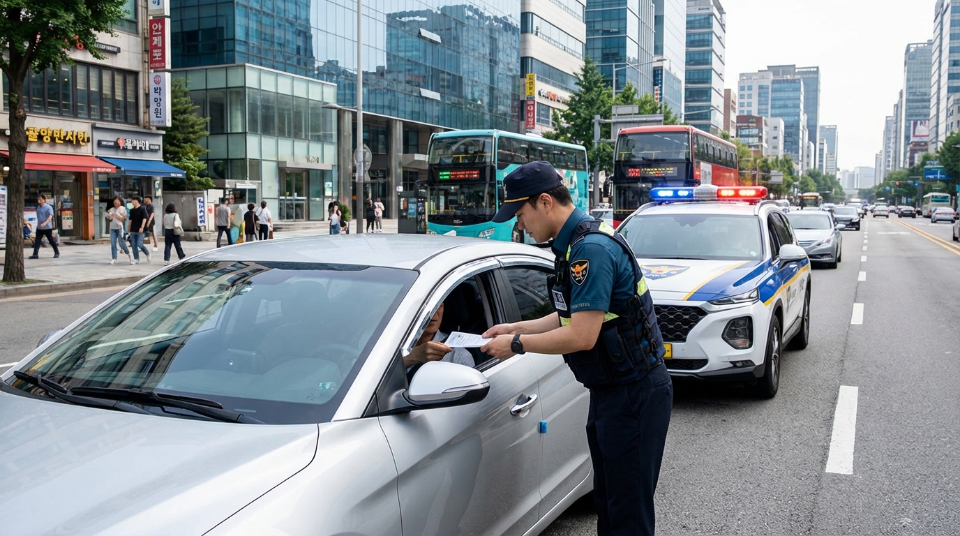 경찰관이 도로에서 교통위반 차량을 단속하는 모습
