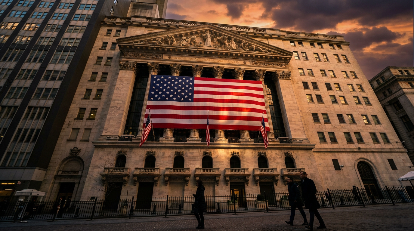 뉴욕 월스트리트 증권거래소 전경과 미국 국기