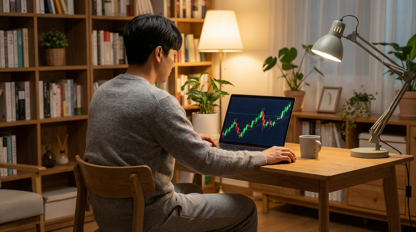한국 투자자가 노트북으로 주식 포트폴리오 검토