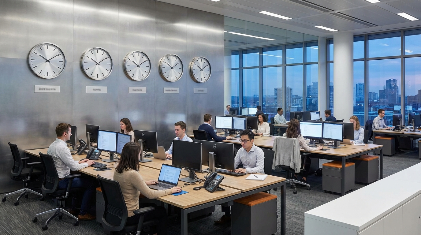 여러 도시의 시간을 보여주는 시계들