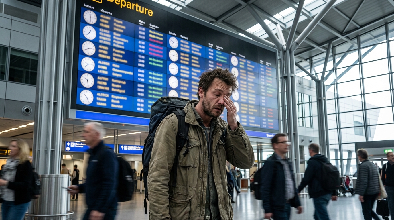 공항에서 시차로 혼란스러워하는 여행자