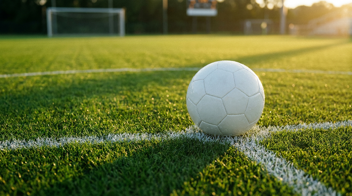 잔디 위에 놓인 축구공과 전술을 상징하는 경기장 라인