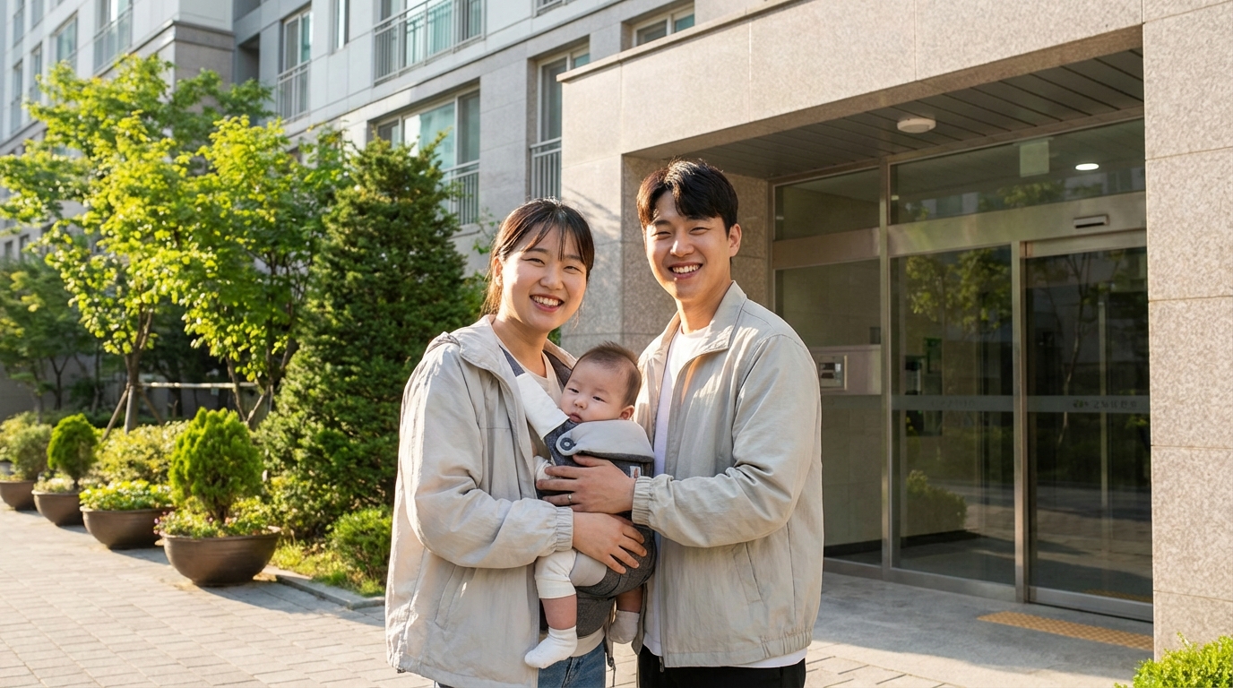 아파트 앞의 행복한 신혼부부